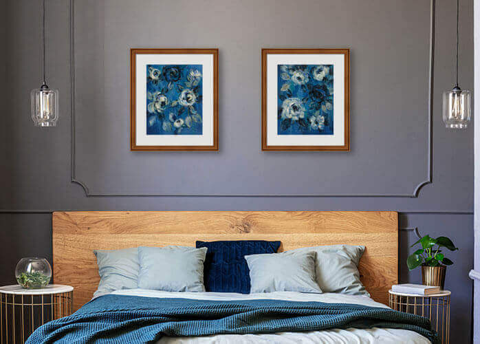 bedroom with a 2 piece framed wall art set