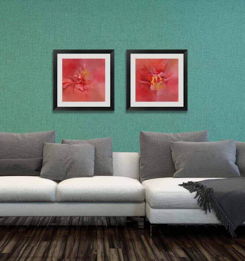 Bold Coral art in the living room