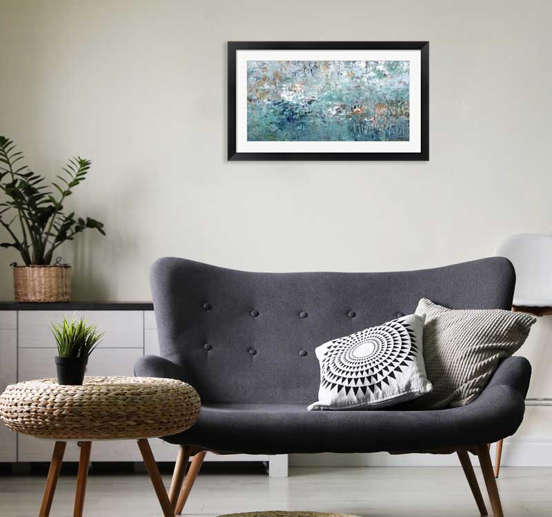 Bold Coral art in teal Room