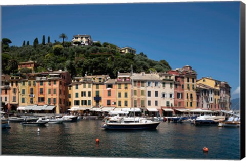 Framed Italy, Province Of Genoa, Portofino, Fishing Village On The Ligurian Sea, Pastel Buildings Overlooking Harbor Print