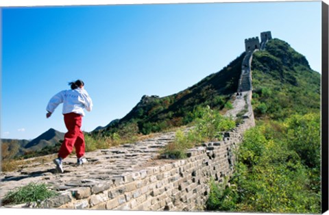 Framed Person running up the Great Wall, Simatai, Beijing, China Print
