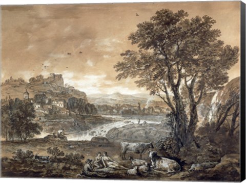 Framed Landscape with Shepherds Resting Under a Tree by a Cascade Print