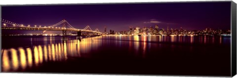 Framed Bridge lit up at night, Bay Bridge, San Francisco Bay, San Francisco, California Print
