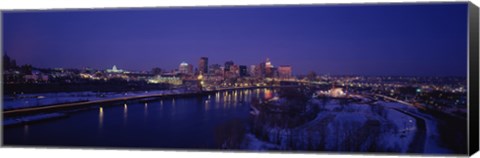 Framed Reflection of buildings in a river at night, Mississippi River, Minneapolis and St Paul, Minnesota, USA Print