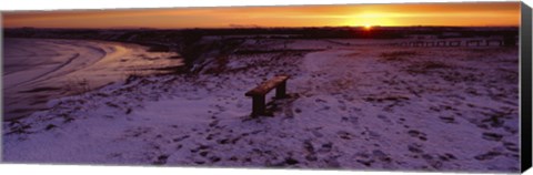 Framed Bench On A Snow Covered Landscape, Filey Bay, Yorkshire, England, United Kingdom Print