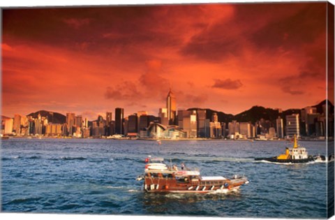 Framed Hong Kong Harbor at Sunset, Hong Kong, China Print