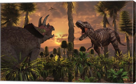 Framed T- Rex and Triceratops meet for a Battle 1 Print