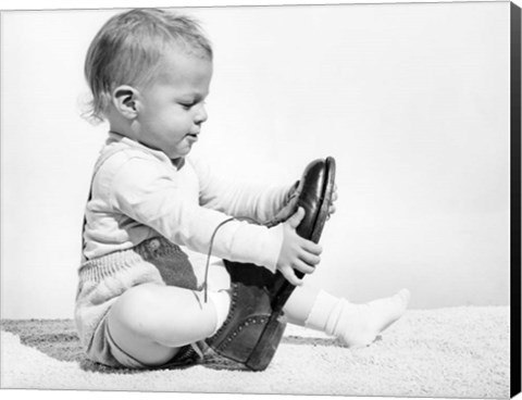 Framed 1960s Baby Boy Trying To Put On Man&#39;S Shoe Print