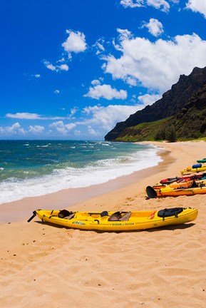 Framed Sea Kayaks On Milolii Beach, Island Of Kauai, Hawaii Print