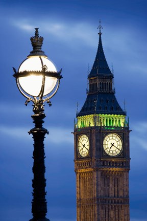 Framed Europe, Great Britain, London, Big Ben Clock Tower Lamp Post Print