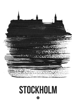 Framed Stockholm Skyline Brush Stroke Black Print