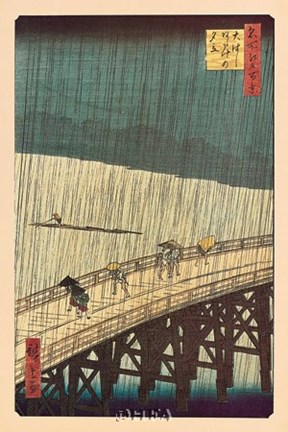Framed Ohashi Bridge in the Rain Print