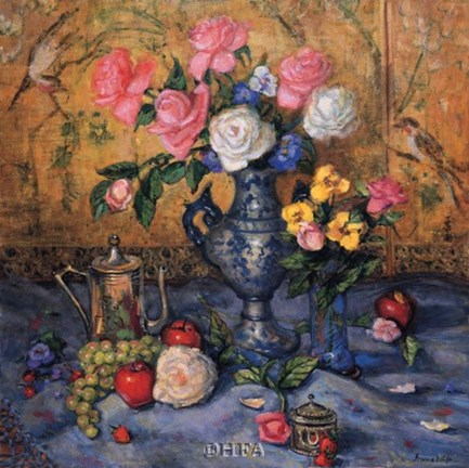 Framed Roses with Blue Vase Print