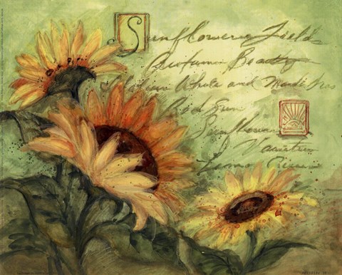 Framed Sunflowers On Green Print