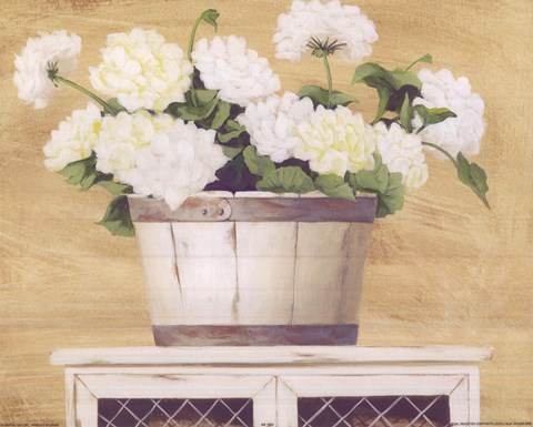 Framed White Flowers In Wooden Bucket Print