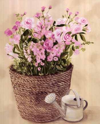 Framed Pink Flowers In Basket With Watering Can Print