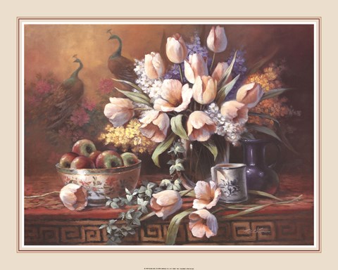 Framed Tulips With Peacock Fresco Print