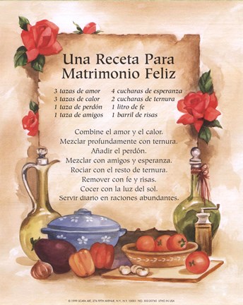 Framed Happy Marriage Recipe (Spanish) Print