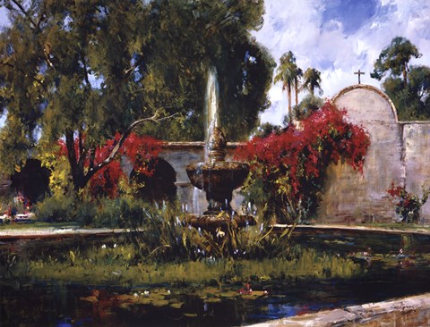 Framed Fountain At San Juan Capistrano Print