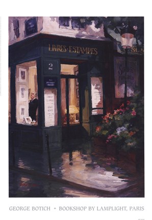 Framed Bookshop By Lamplight, Paris Print
