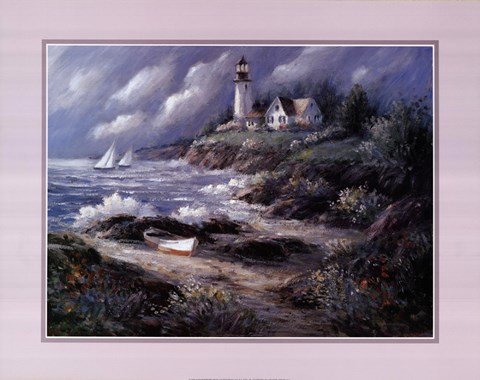 Framed Lighthouse and Boat Print