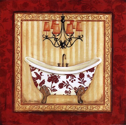 Framed Red Demask Bath I Print