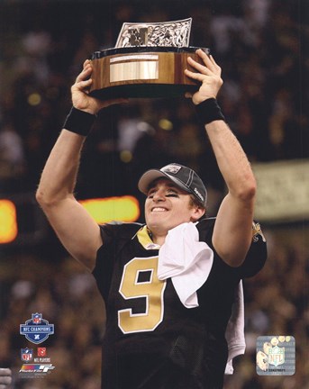 Framed Drew Brees 2009 With NFC Championship Trophy Print