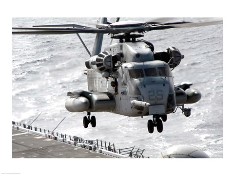 Framed CH-53E Super Stallion helicopter takes off from the amphibious assault ship USS Makin Island, Pacific Ocean Print