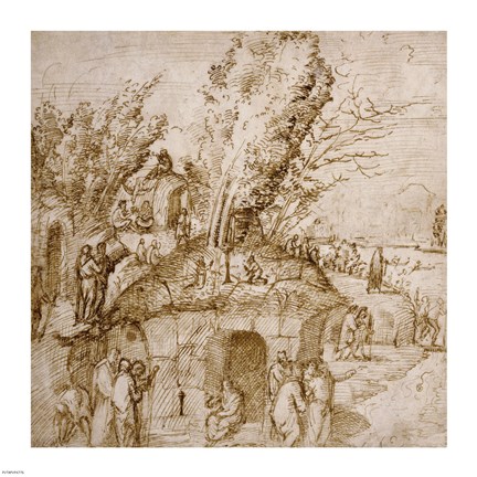 Framed Thebaid: Monks and Hermits in a Landscape Print