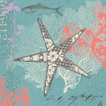 Framed Starfish on Aqua Print