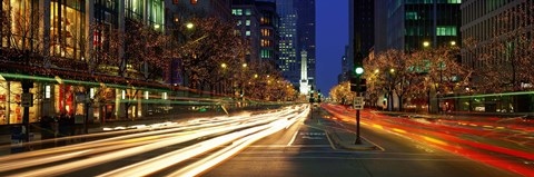 Framed Blurred Motion, Cars, Michigan Avenue, Christmas Lights, Chicago, Illinois, USA Print