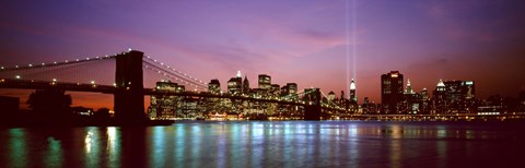 Framed Skyscrapers lit up at night, World Trade Center, Lower Manhattan, Manhattan, New York City, New York State, USA Print