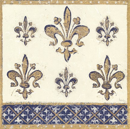 Framed Regal Fleur de Lis Indigo and Cream Print