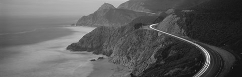 Framed Dusk Highway 1 Pacific Coast CA (black and white) Print