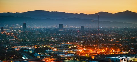 Framed Buildings in a city, Miracle Mile, Hollywood, Griffith Park Observatory, Los Angeles, California, USA Print