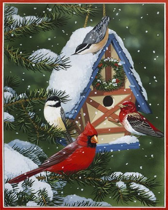 Framed Birds At Feeder (Winter) Print