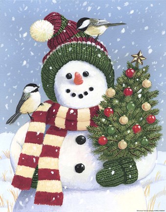 Framed Snowman Holding A Christmas Tree Print