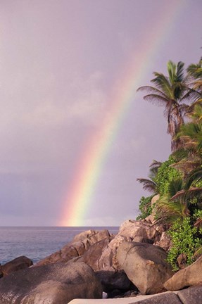 Framed Rainbow over Tropical Beach of Anse Victorin, Seychelles Print