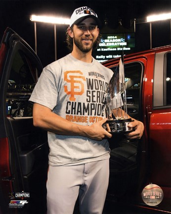 Framed Madison Bumgarner with the MVP Trophy Game 7 of the 2014 World Series Print