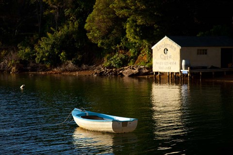 Framed Boat on the lake at Lochmara Lodge, Marlborough Sounds, New Zealand Print