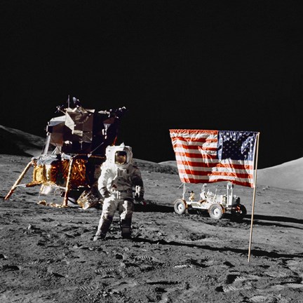 Framed Apollo 17 Astronaut Stands Near the United States Flag on the Lunar Surface Print