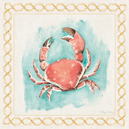 Framed Coastal Mist Crab Border Turquoise Print