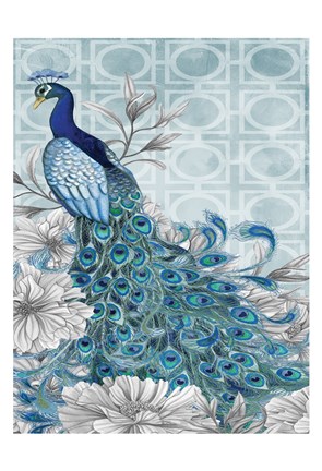 Framed Monochrome Peacocks Blue 1 Print