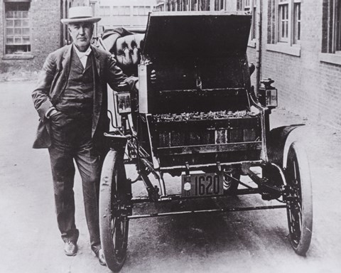 Framed Thomas Edison with his first electric car, the Edison Baker Print