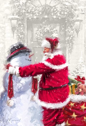 Framed Santa And Small Snowman Print