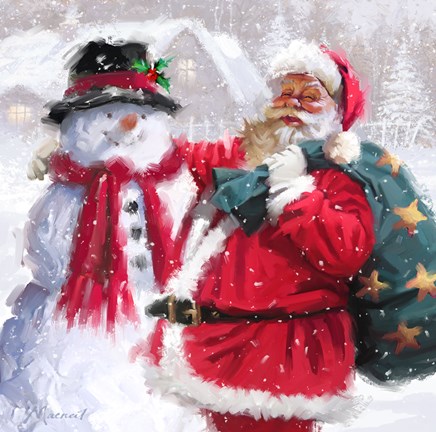 Framed Santa With Snowman Print
