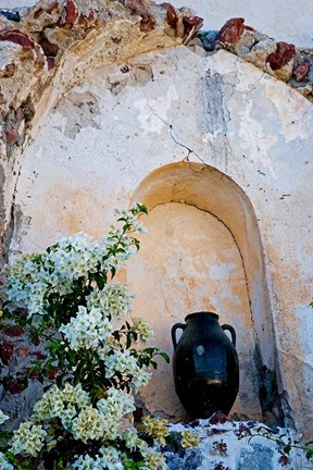 Framed Pottery and Flowering Vine, Oia, Santorini, Greece Print