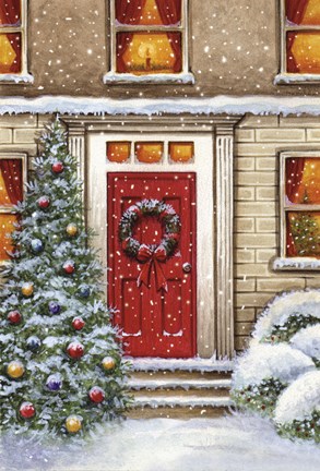 Framed Red Door and Christmas Wreath Print