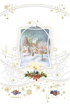 Framed Holiday Candles and Gifts Around Snow Village Print