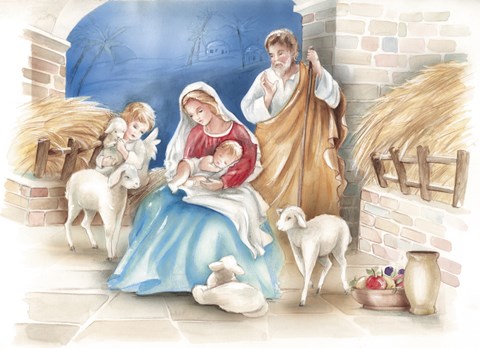 Framed Mary and The Lambs Manger Scene Print